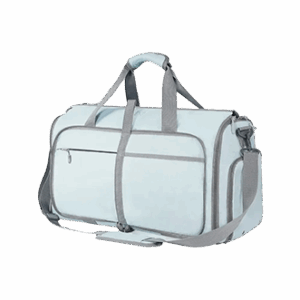 Light gray travel duffel bag with shoulder strap and side pockets