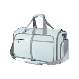 Light gray travel duffel bag with shoulder strap and side pockets