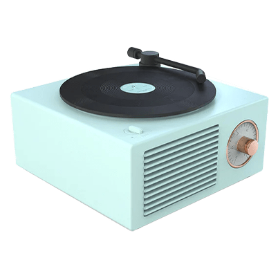 Retro vinyl record player with built-in speaker in pastel design